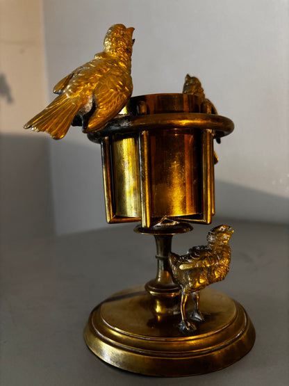 Pyrogène ancien XIXème - Porte Allumettes Laiton et Bronze Ciselé Oiseaux Chanteurs.