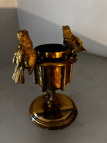 Pyrogène ancien XIXème - Porte Allumettes Laiton et Bronze Ciselé Oiseaux Chanteurs.