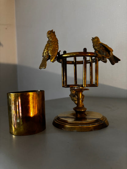 Pyrogène ancien XIXème - Porte Allumettes Laiton et Bronze Ciselé Oiseaux Chanteurs.