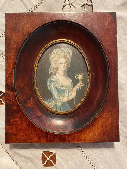 Portrait miniature XIXème – Marie Antoinette, huile, école française, 8 cm, signé-{{shop name}}