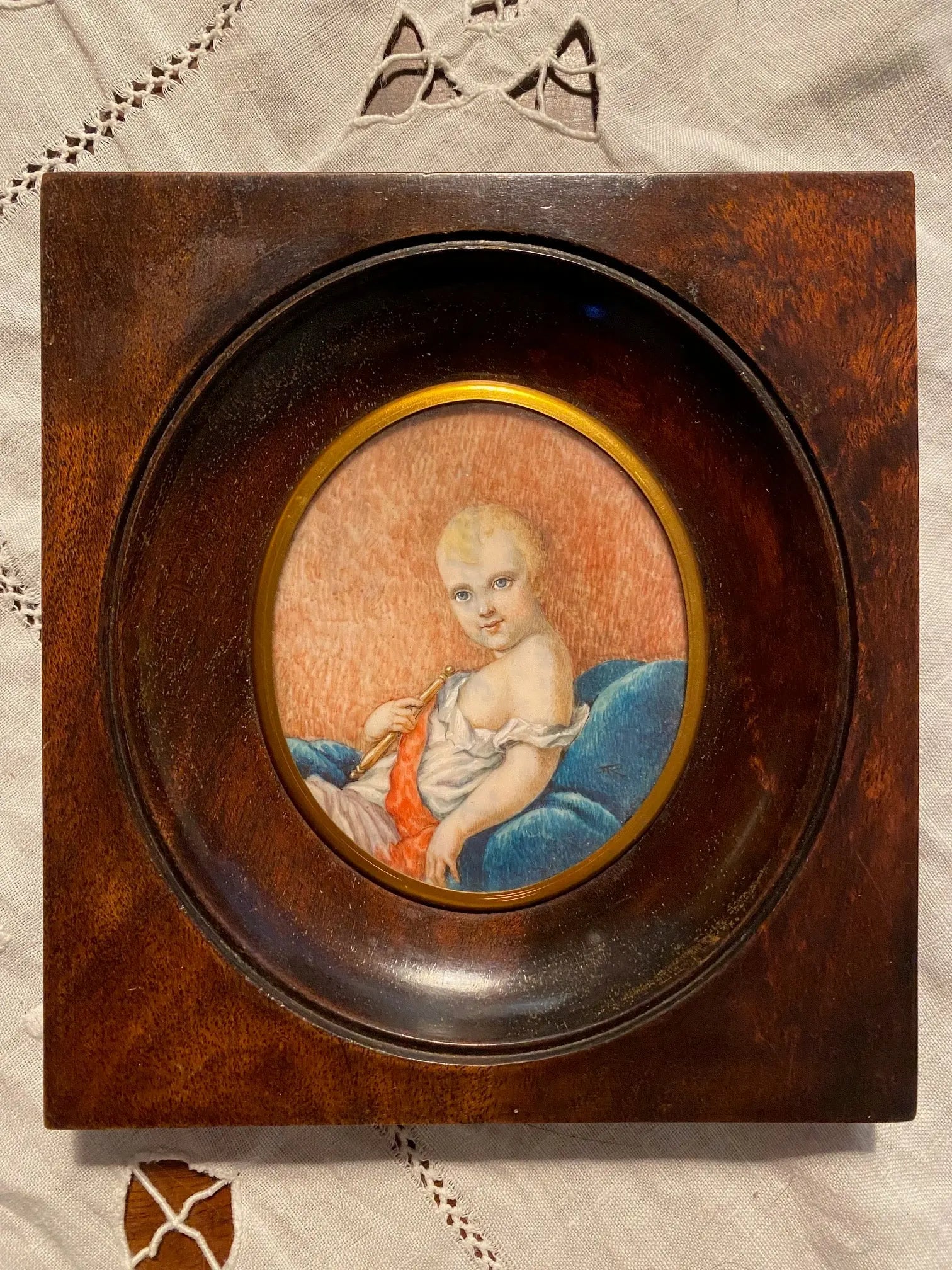 Portrait miniature XIXème – Roi de Rome enfant, huile, signé, 7,5 cm, cadre bois-{{shop name}}
