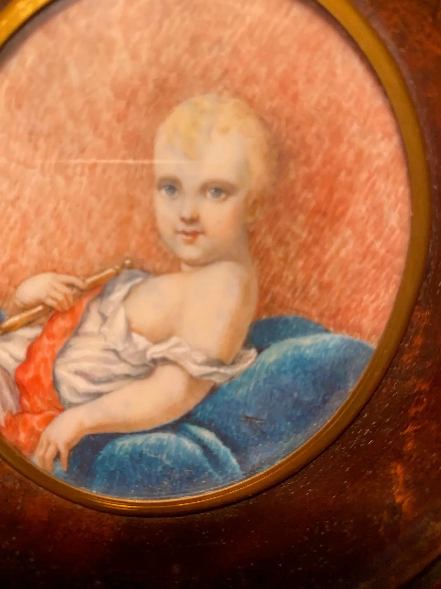 Portrait miniature XIXème – Roi de Rome enfant, huile, signé, 7,5 cm, cadre bois-{{shop name}}