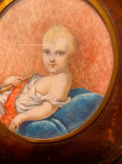 Portrait miniature XIXème – Roi de Rome enfant, huile, signé, 7,5 cm, cadre bois-{{shop name}}