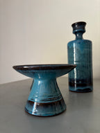Soliflore et ses 2 Bougeoirs Céramique Scandinave Vintage Émail Turquoise Signé 1960