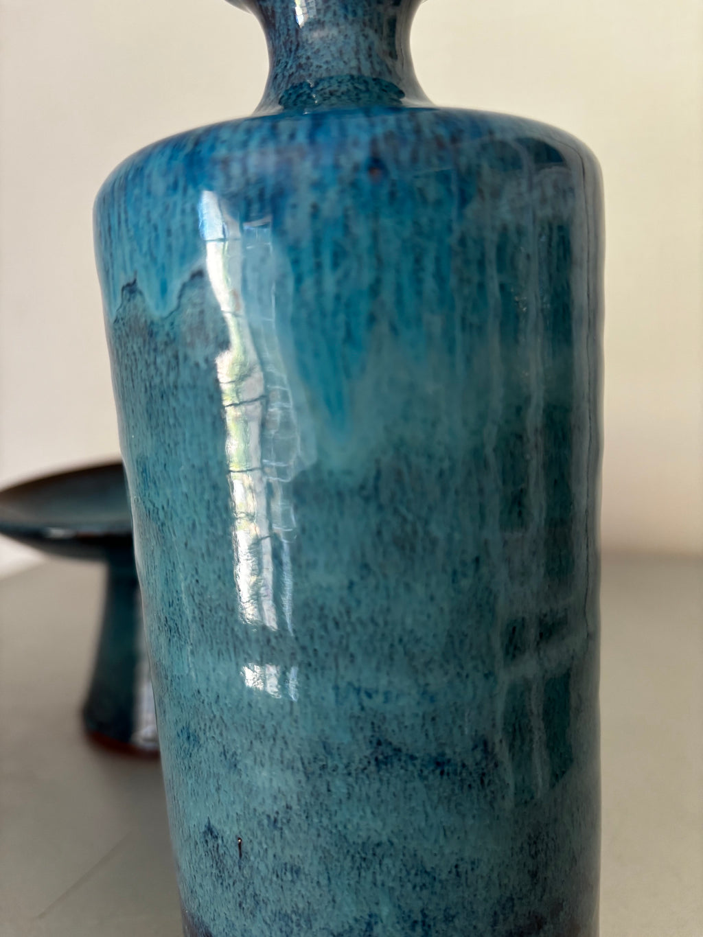 Soliflore et ses 2 Bougeoirs Céramique Scandinave Vintage Émail Turquoise Signé 1960