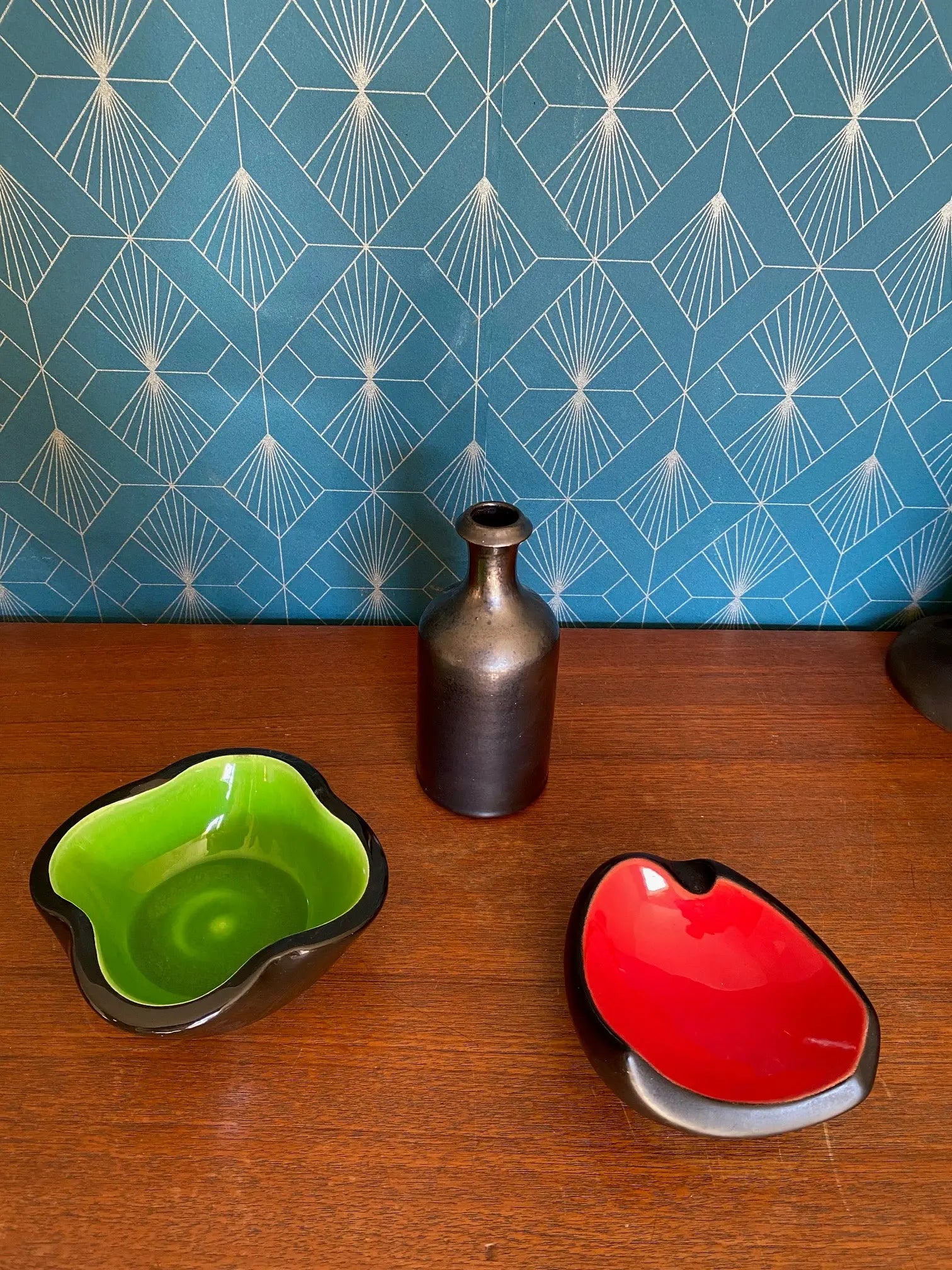 Ensemble 3 pièces céramique – coupe Keramos Sèvres signée, vase et vide-poche, r-{{shop name}}