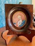 Portrait miniature XIXème – Roi de Rome enfant, huile, signé, 7,5 cm, cadre bois-{{shop name}}