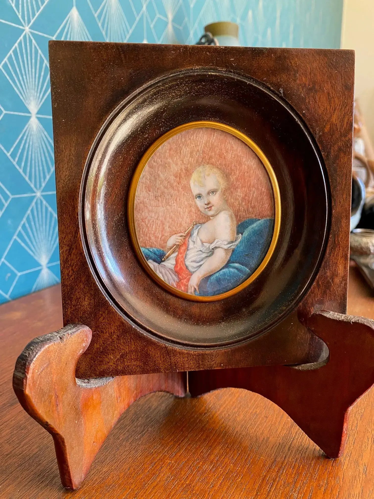 Portrait miniature XIXème – Roi de Rome enfant, huile, signé, 7,5 cm, cadre bois-{{shop name}}