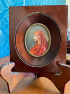 Portrait miniature XIXème – femme au voile rouge, huile, école française, signé-{{shop name}}
