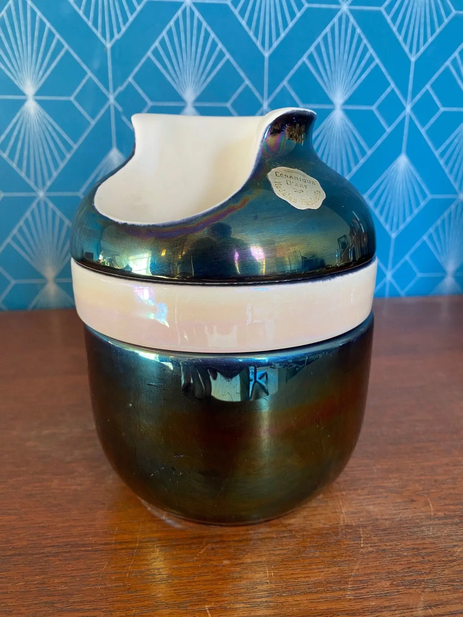 Céramique Française vintage, reflets métalliques irisés. 2 nécessaires de fumeurs, numérotées. Antiquités de France