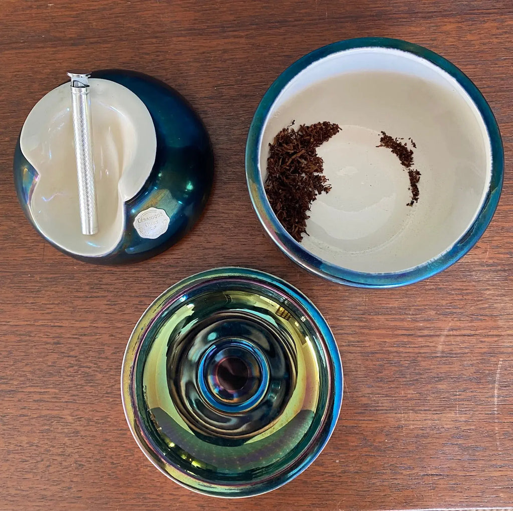 Céramique Française vintage, reflets métalliques irisés. 2 nécessaires de fumeurs, numérotées. Antiquités de France