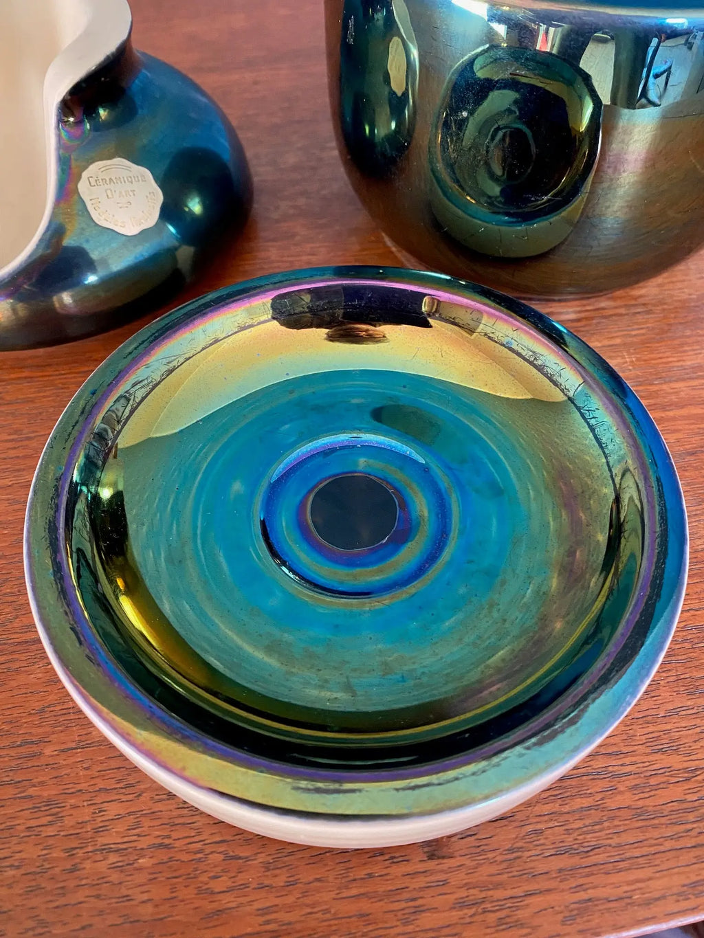 Céramique Française vintage, reflets métalliques irisés. 2 nécessaires de fumeurs, numérotées. Antiquités de France