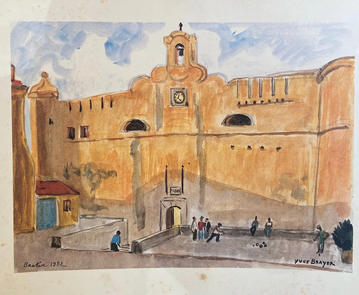 Lithographie ancienne signée Yves Brayer, Bastia 1982, Le palais du Gouverneur. Antiquités de France