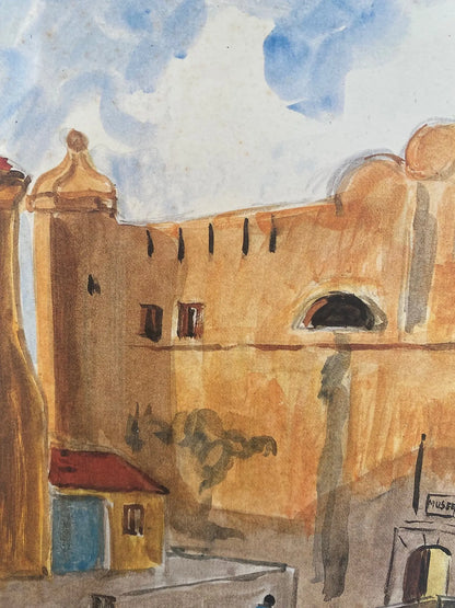 Lithographie ancienne signée Yves Brayer, Bastia 1982, Le palais du Gouverneur. Antiquités de France