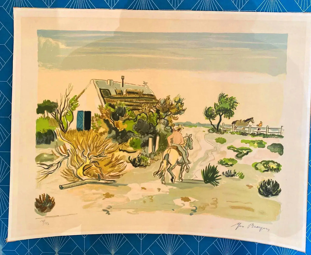Lithographie signée Yves Brayer, Cabane gardiane, de 1973, numérotée. Antiquités de France