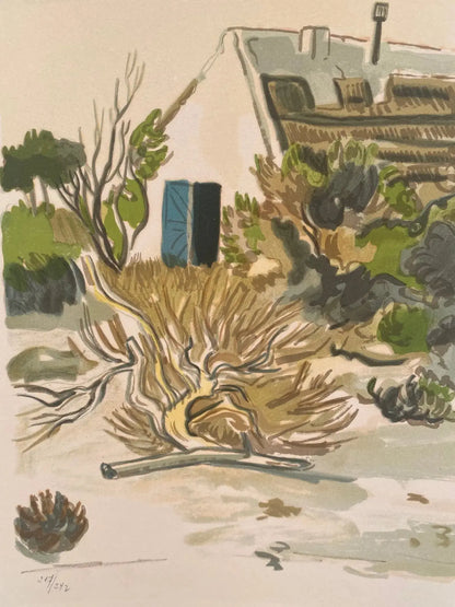 Lithographie signée Yves Brayer, Cabane gardiane, de 1973, numérotée. Antiquités de France
