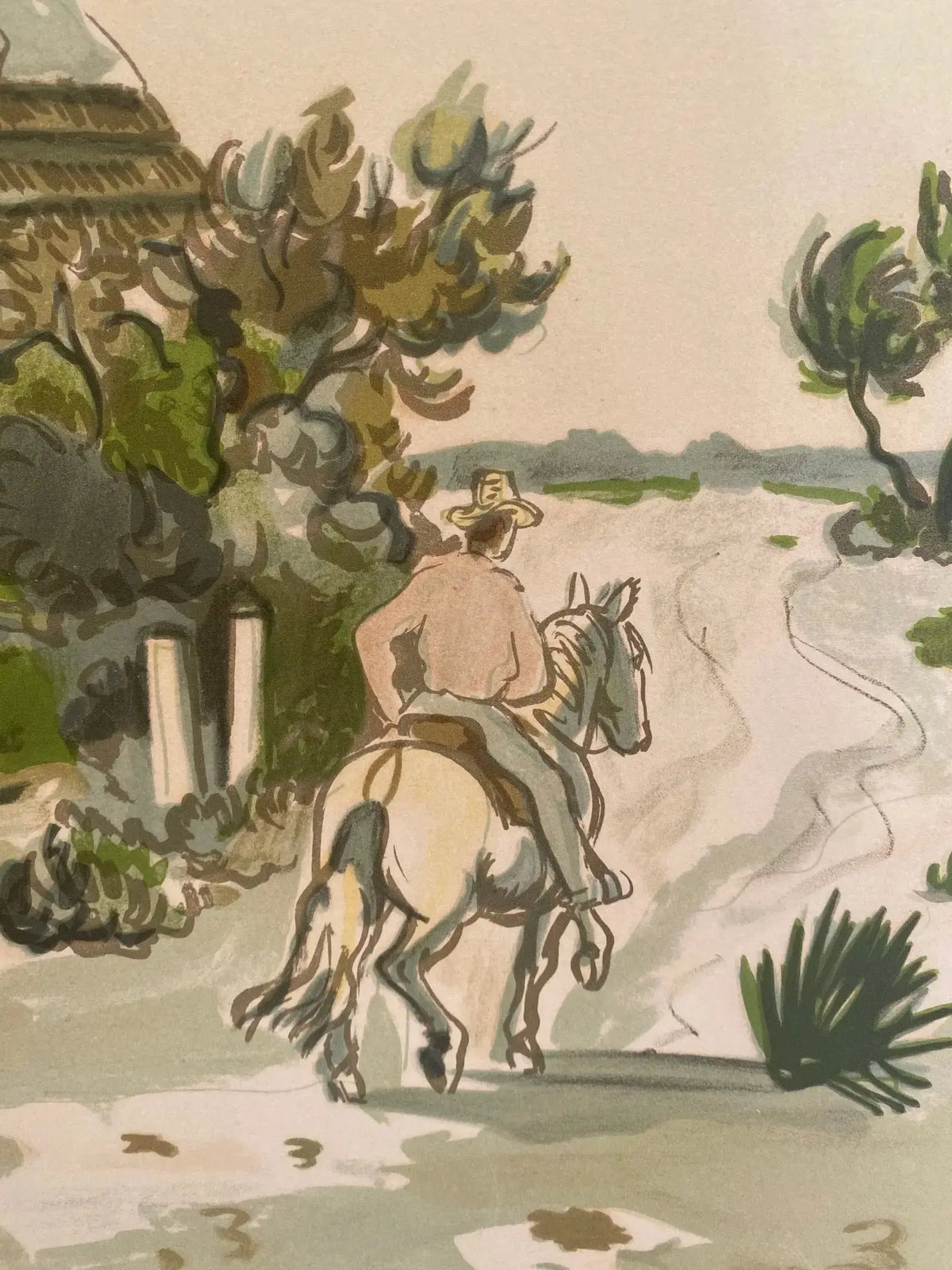 Lithographie signée Yves Brayer, Cabane gardiane, de 1973, numérotée. Antiquités de France