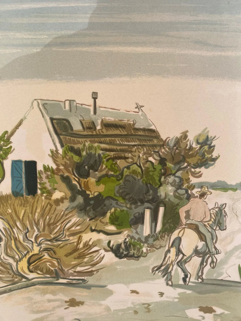 Lithographie signée Yves Brayer, Cabane gardiane, de 1973, numérotée. Antiquités de France