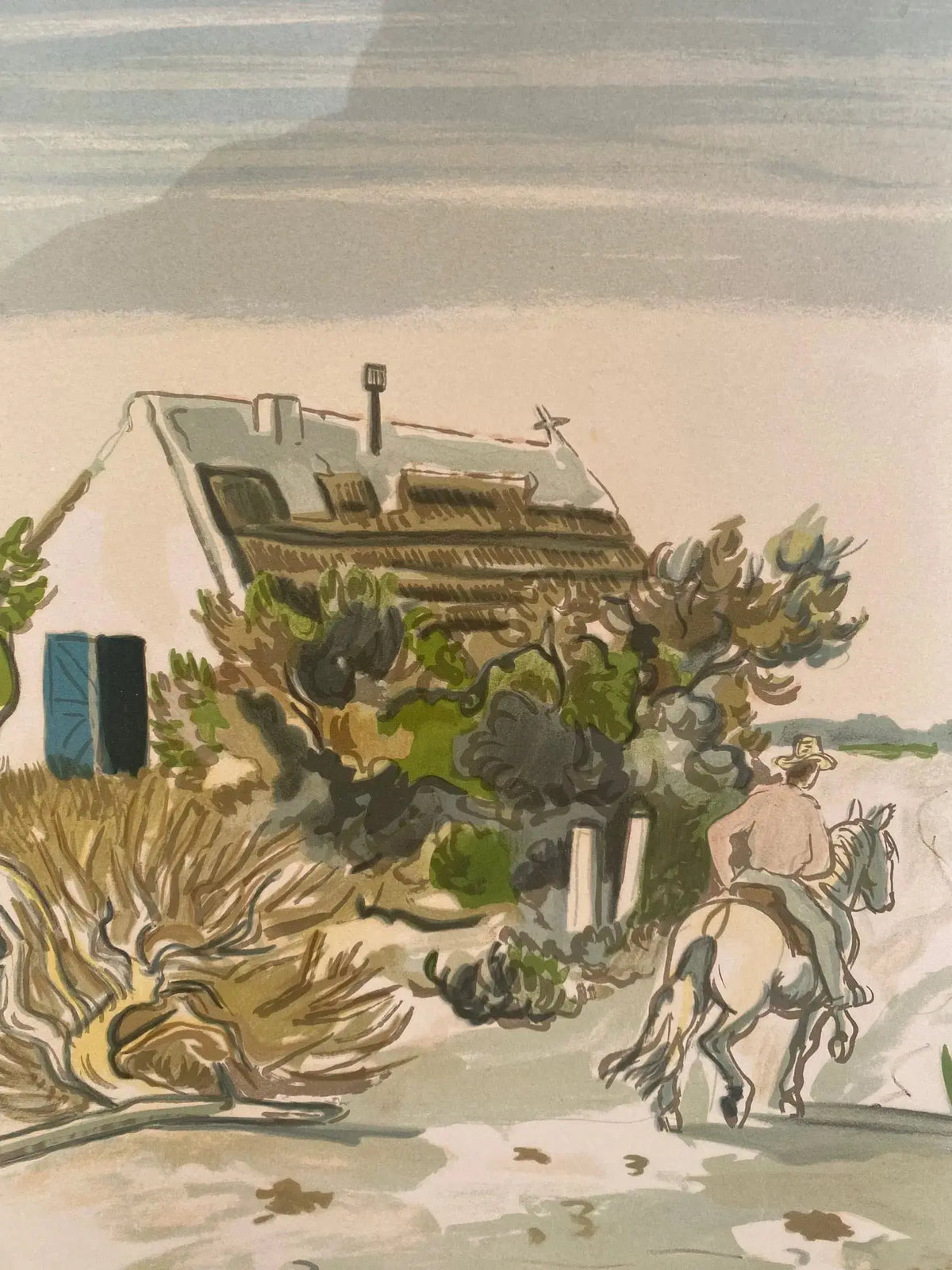 Lithographie signée Yves Brayer, Cabane gardiane, de 1973, numérotée. Antiquités de France