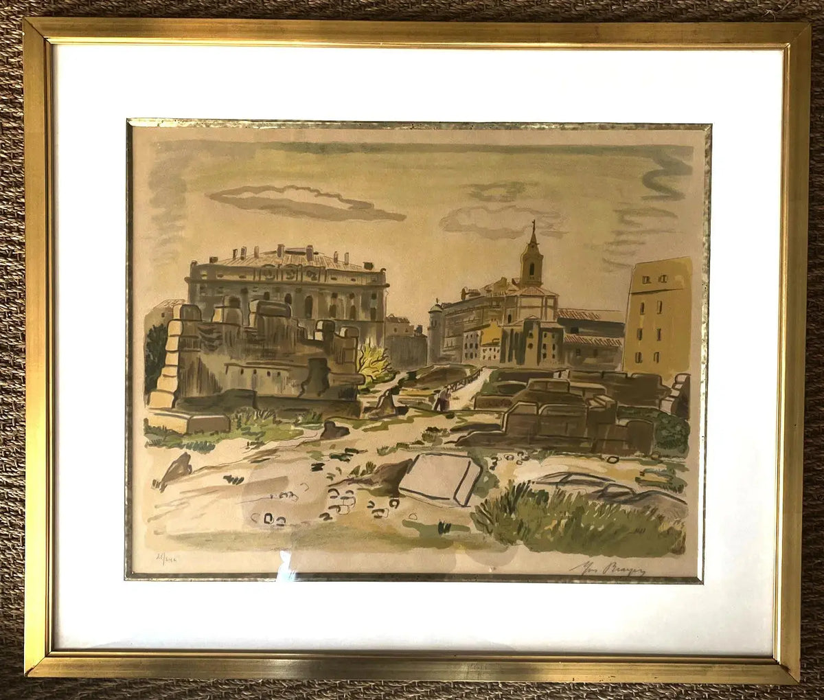 Lithographie signée Yves Brayer, Poussière du temps, numérotée, encadré/verre Antiquités de France