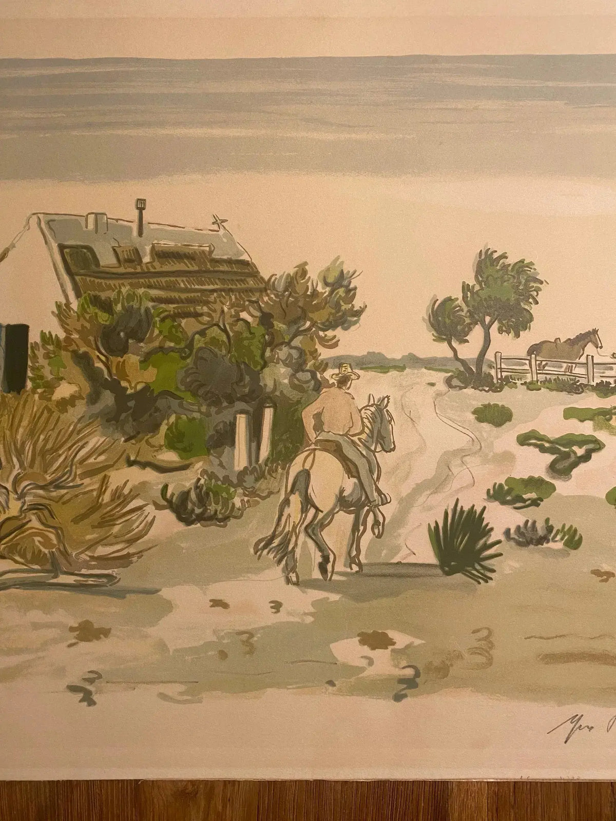 Lithographie signée Yves Brayer, Cabane gardiane, de 1973, numérotée. Antiquités de France