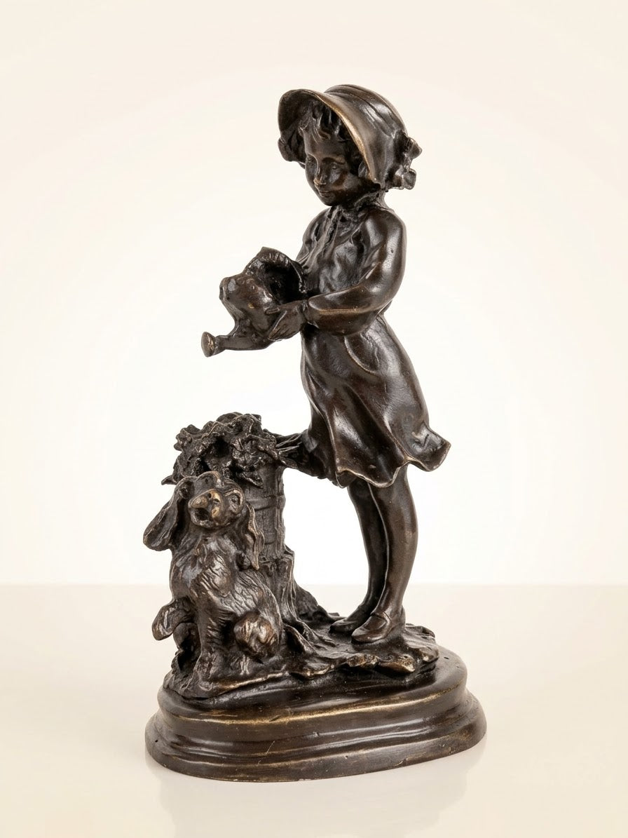 Statue Bronze Ancien Enfant Chien Art Deco Style Signe Attribue Landuc 23cm