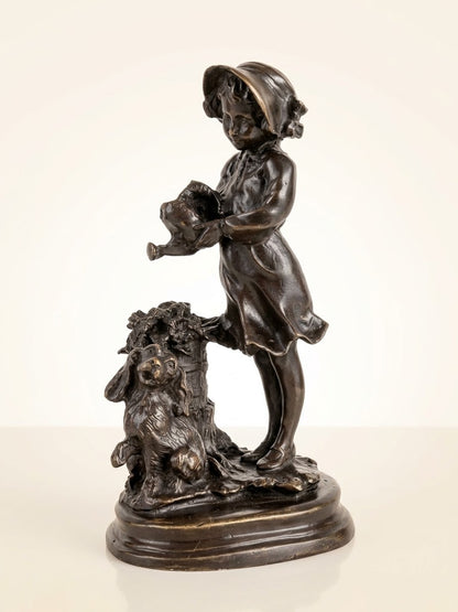 Statue Bronze Ancien Enfant Chien Art Deco Style Signe Attribue Landuc 23cm