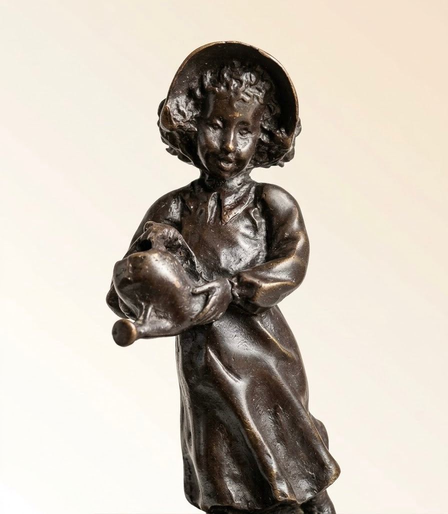 Statue Bronze Ancien Enfant Chien Art Deco Style Signe Attribue Landuc 23cm