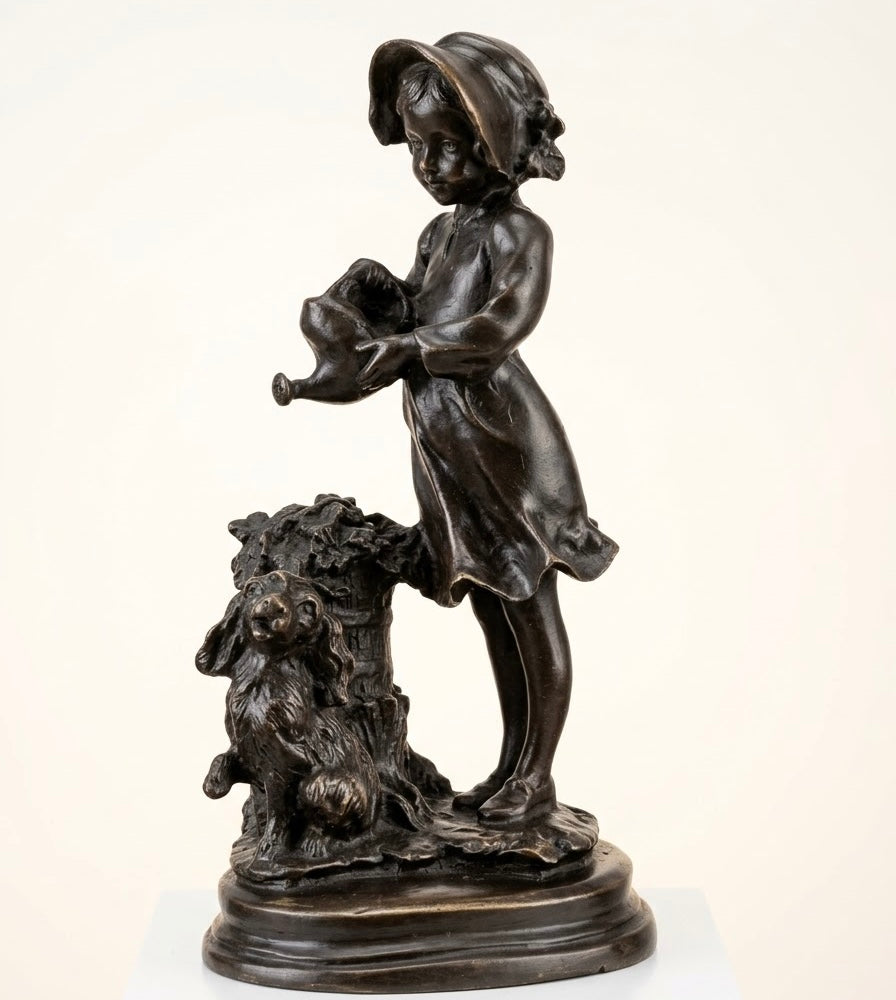 Statue Bronze Ancien Enfant Chien Art Deco Style Signe Attribue Landuc 23cm