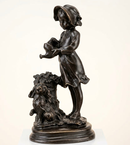 Statue Bronze Ancien Enfant Chien Art Deco Style Signe Attribue Landuc 23cm