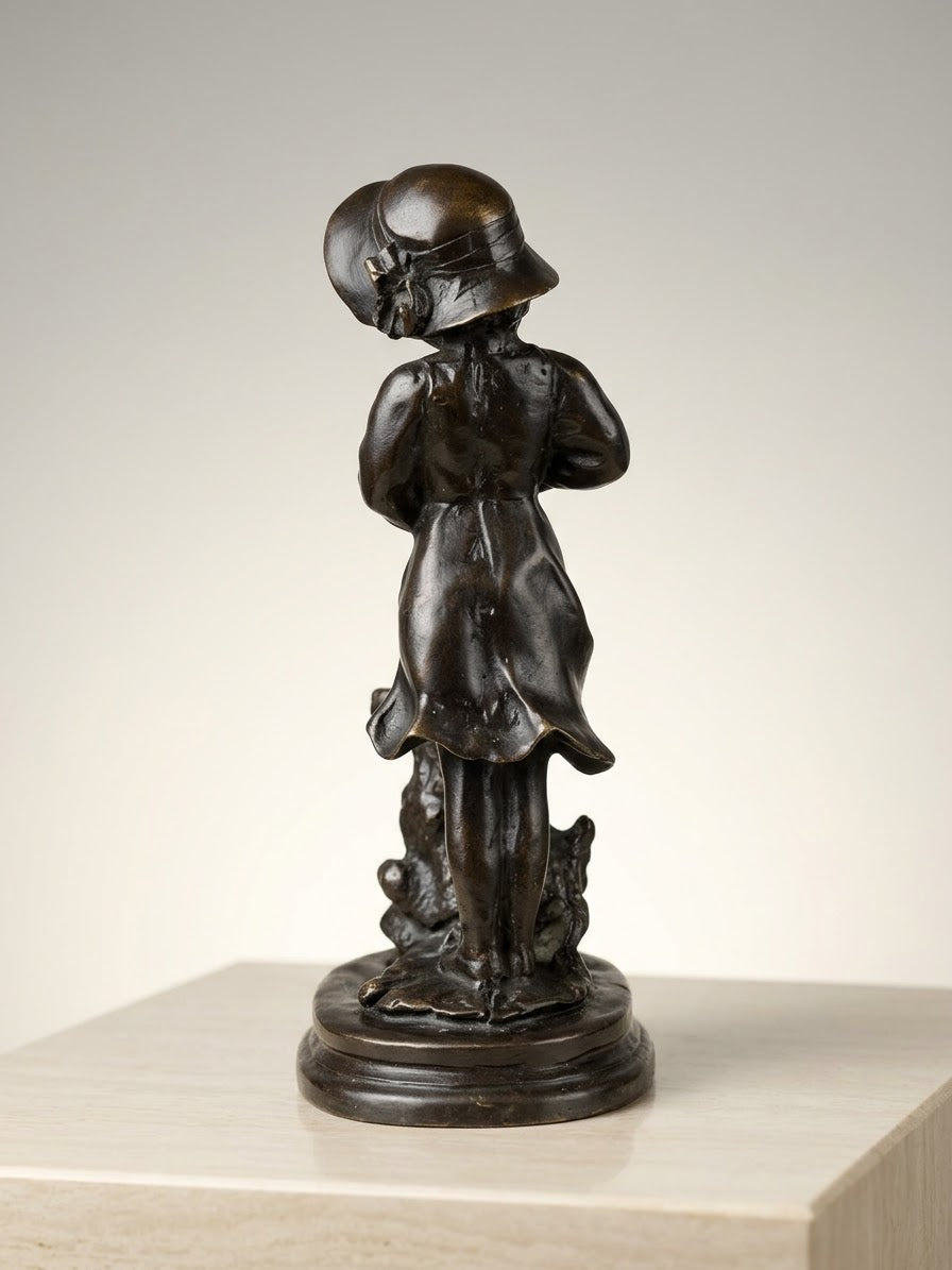 Statue Bronze Ancien Enfant Chien Art Deco Style Signe Attribue Landuc 23cm