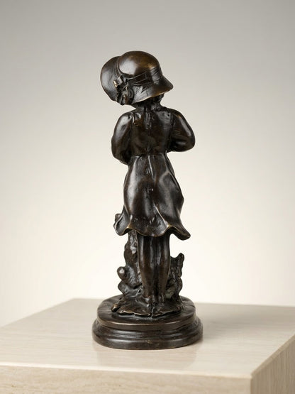 Statue Bronze Ancien Enfant Chien Art Deco Style Signe Attribue Landuc 23cm