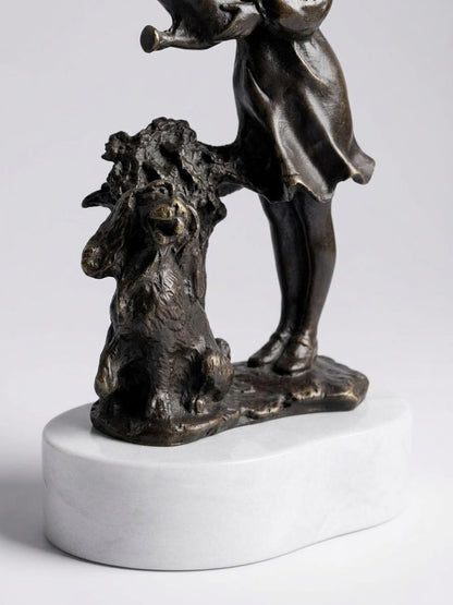 Statue Bronze Ancien Enfant Chien Art Deco Style Signe Attribue Landuc 23cm