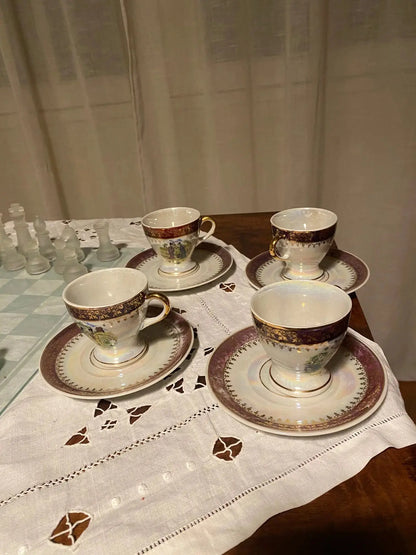 Lot tasses et sous-tasses Guy en porcelaine XIXème – décor Japonais irisé-{{shop name}}