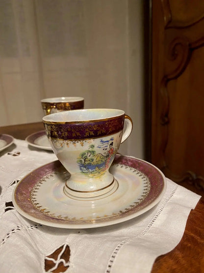 Lot tasses et sous-tasses Guy en porcelaine XIXème – décor Japonais irisé-{{shop name}}