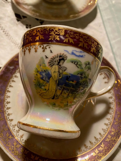 Lot tasses et sous-tasses Guy en porcelaine XIXème – décor Japonais irisé-{{shop name}}