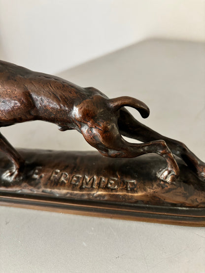 Sculpture Bronze Animalier XIXe – Lévrier qui s'étire par Emmanuel Frémiet (20 cm)