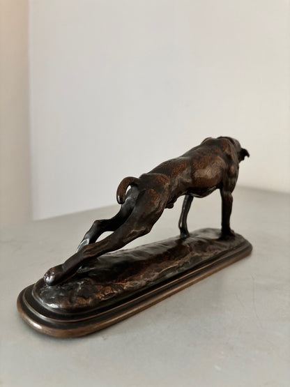 Sculpture Bronze Animalier XIXe – Lévrier qui s'étire par Emmanuel Frémiet (20 cm)