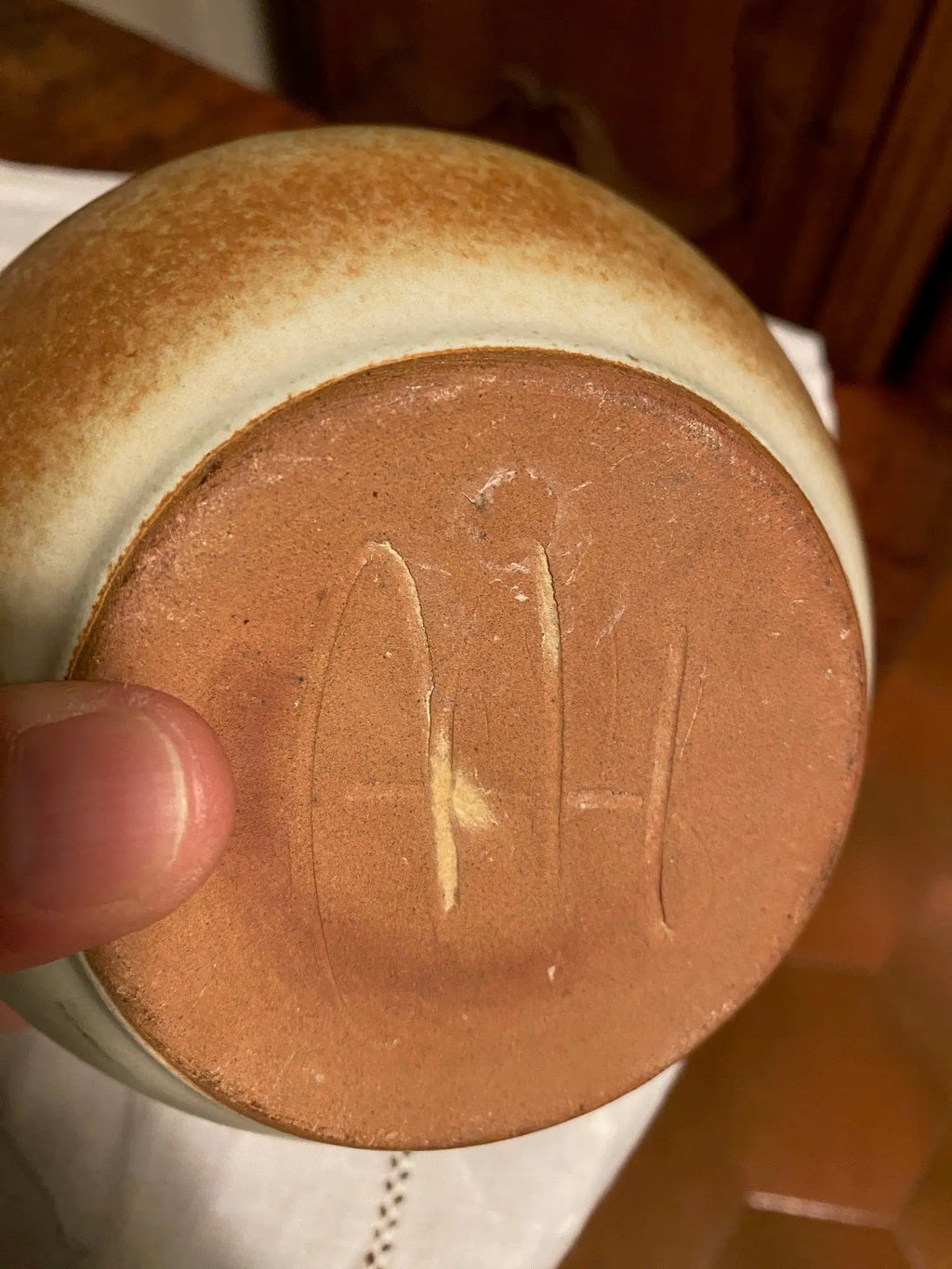 Ancien pied de lampe signé, forme boule grès pyrite, poterie vintage de 1970. Antiquités de France