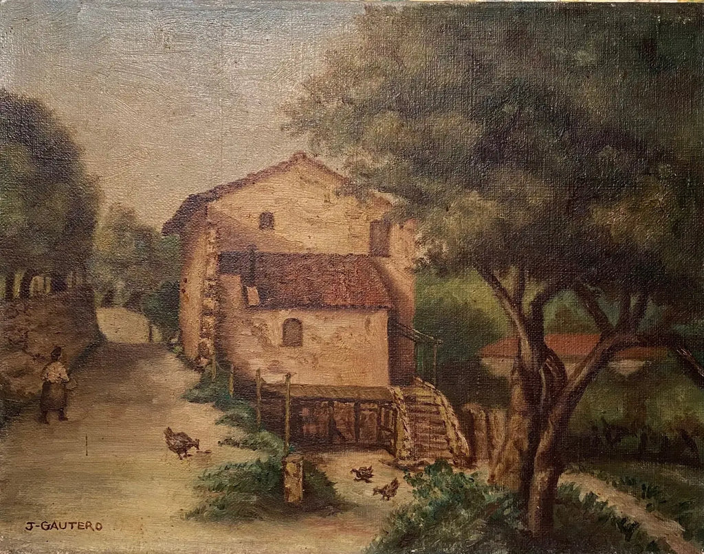 Tableau ancien signé, milieu XXème, huile sur toile, paysage d'une ferme. Antiquités de France