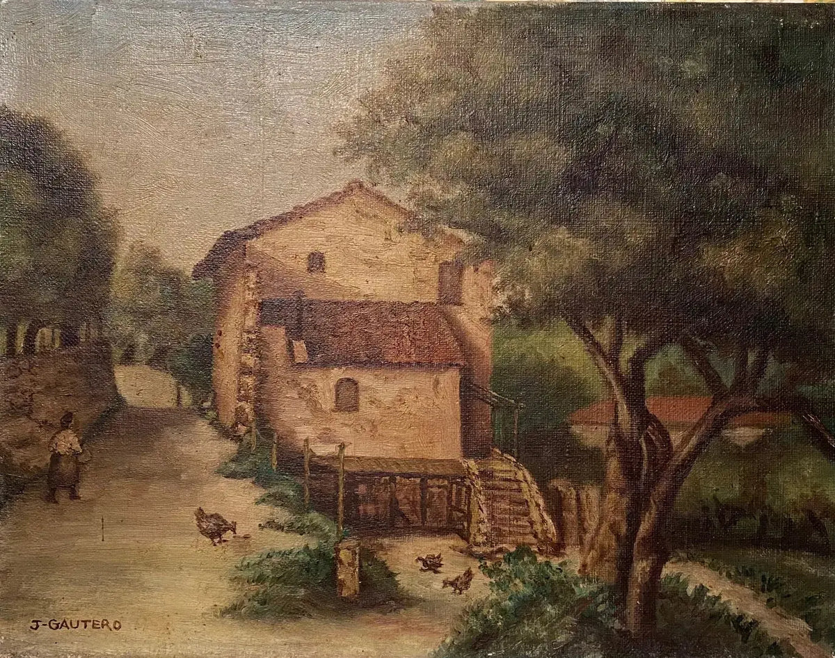 Tableau ancien signé, milieu XXème, huile sur toile, paysage d'une ferme. Antiquités de France