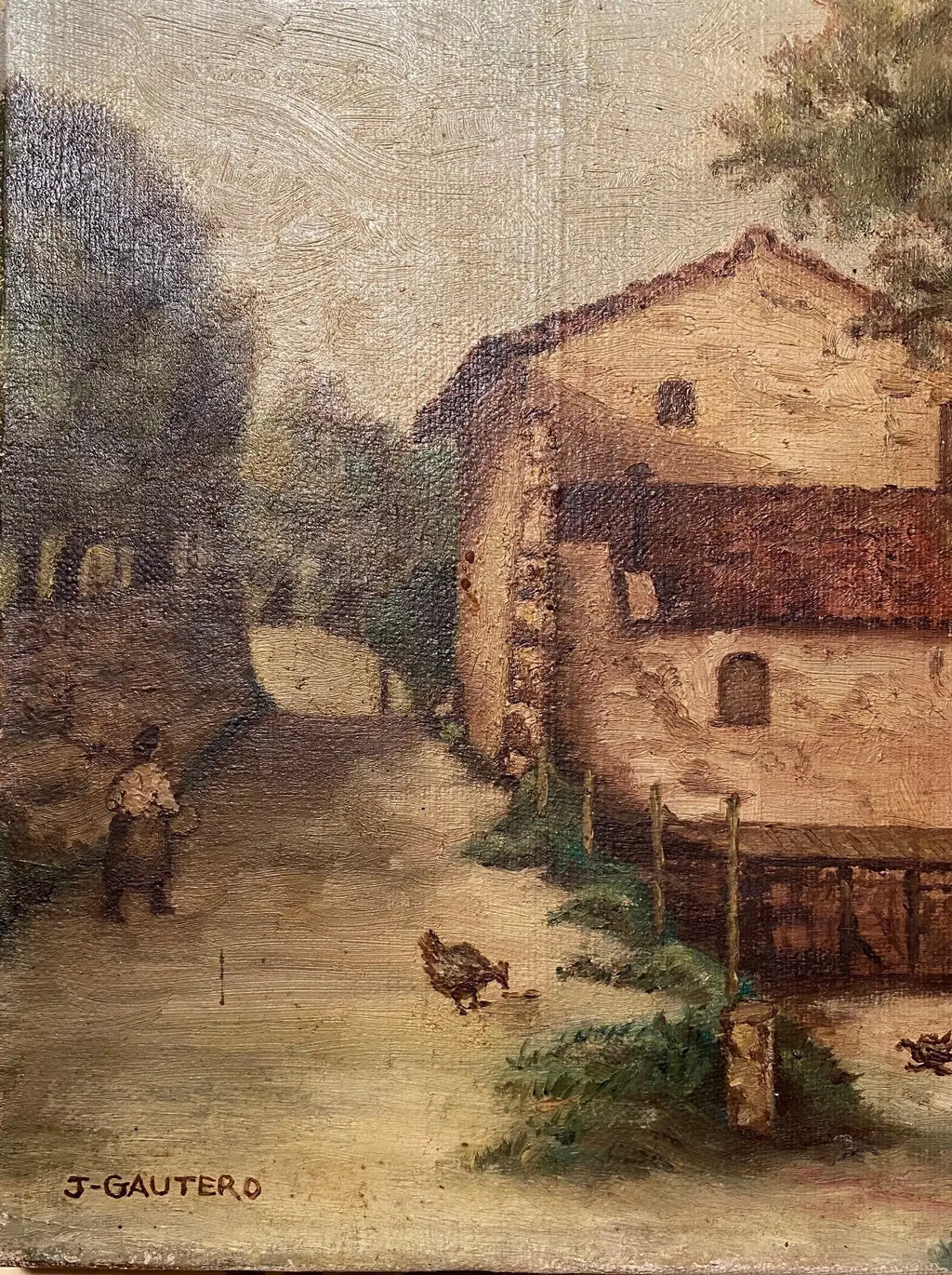 Tableau ancien signé, milieu XXème, huile sur toile, paysage d'une ferme. Antiquités de France