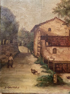 Tableau ancien signé, milieu XXème, huile sur toile, paysage d'une ferme. Antiquités de France