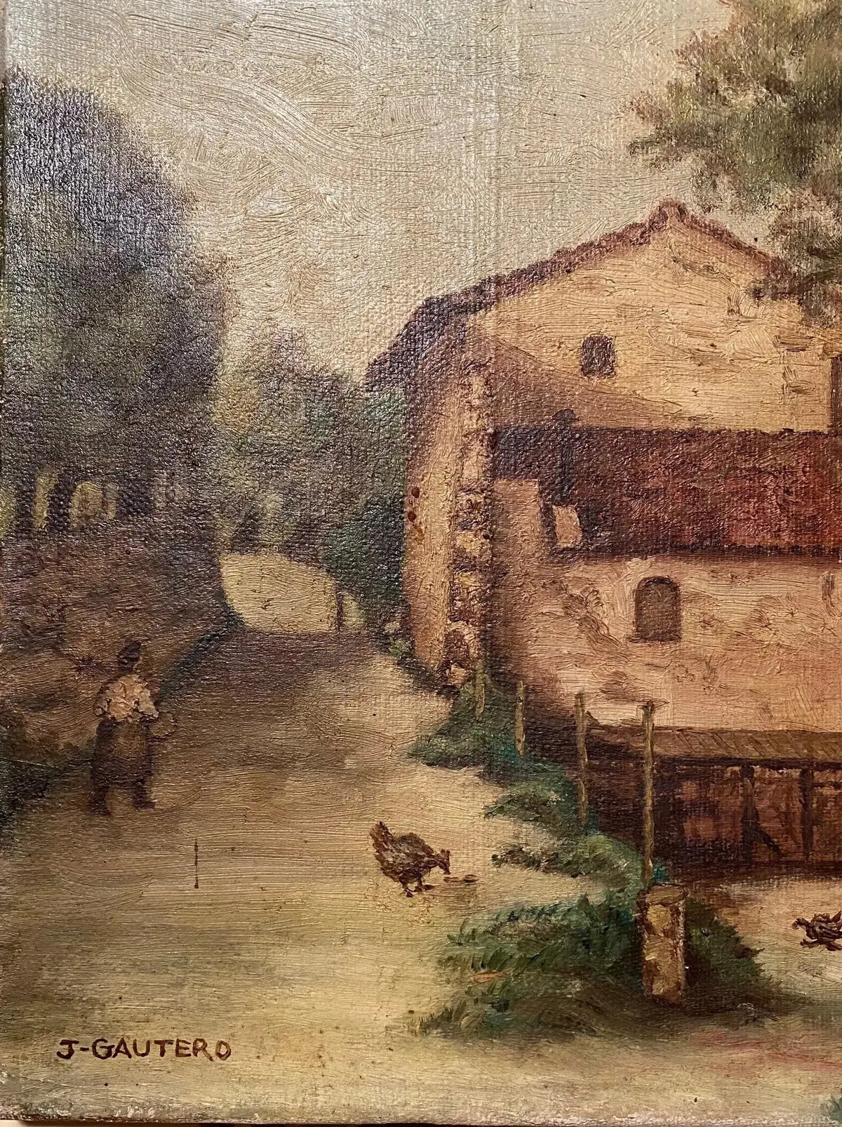 Tableau ancien signé, milieu XXème, huile sur toile, paysage d'une ferme. Antiquités de France