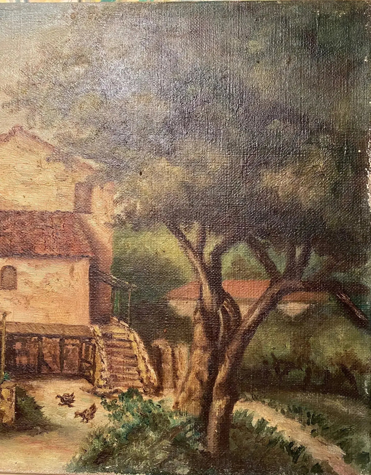 Tableau ancien signé, milieu XXème, huile sur toile, paysage d'une ferme. Antiquités de France
