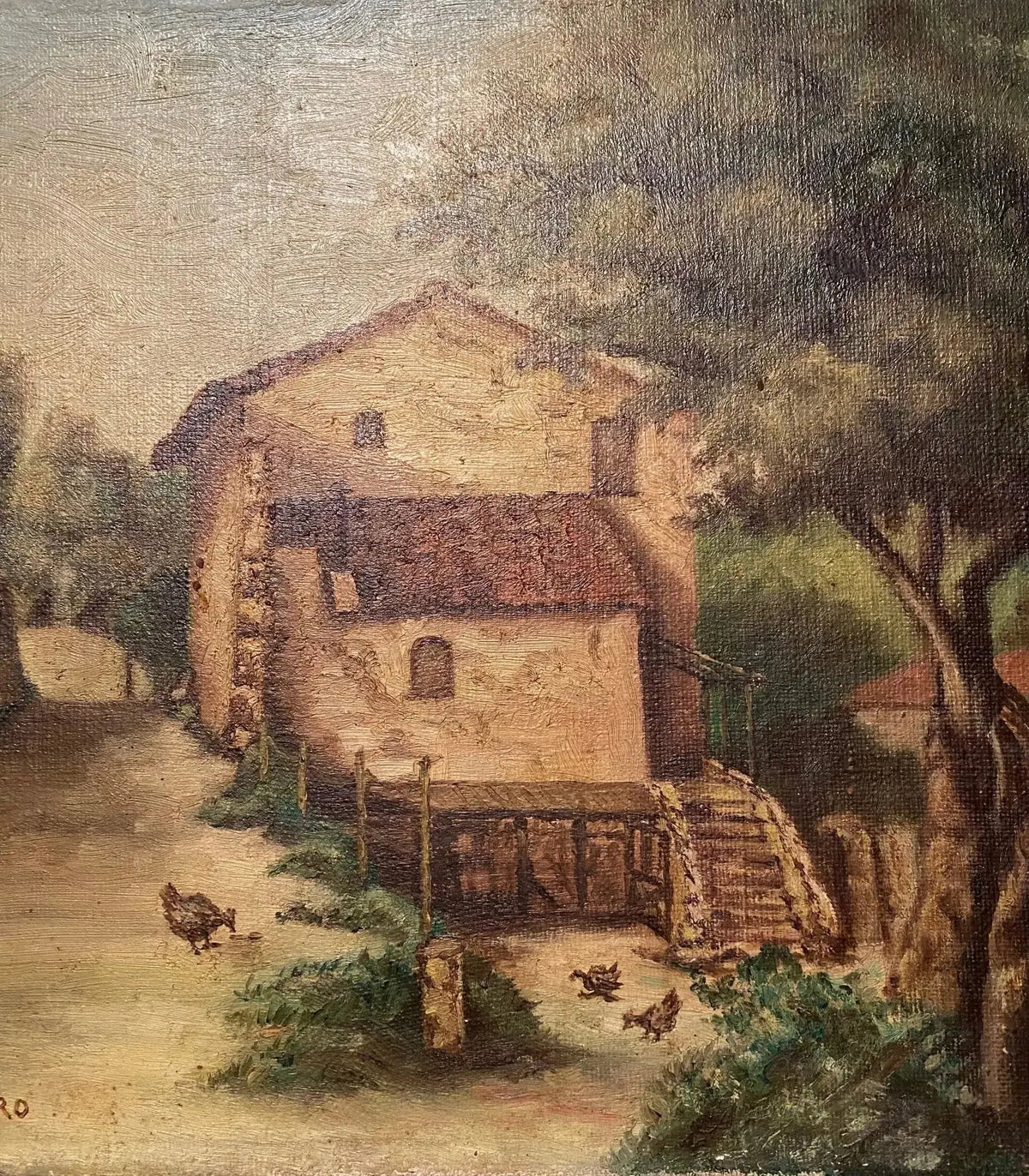 Tableau ancien signé, milieu XXème, huile sur toile, paysage d'une ferme. Antiquités de France