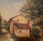 Tableau ancien signé, milieu XXème, huile sur toile, paysage d'une ferme. Antiquités de France