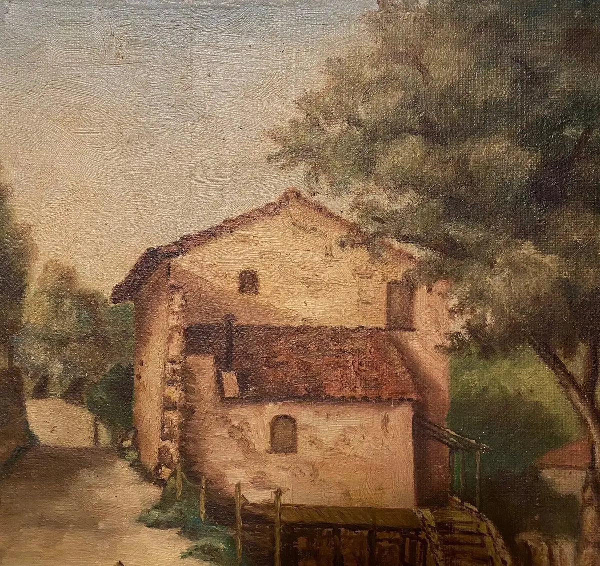Tableau ancien signé, milieu XXème, huile sur toile, paysage d'une ferme. Antiquités de France