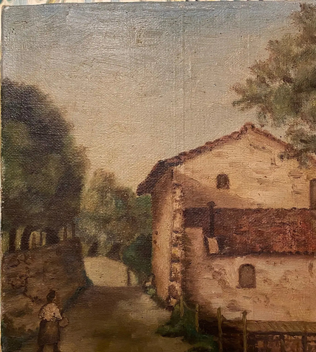 Tableau ancien signé, milieu XXème, huile sur toile, paysage d'une ferme. Antiquités de France