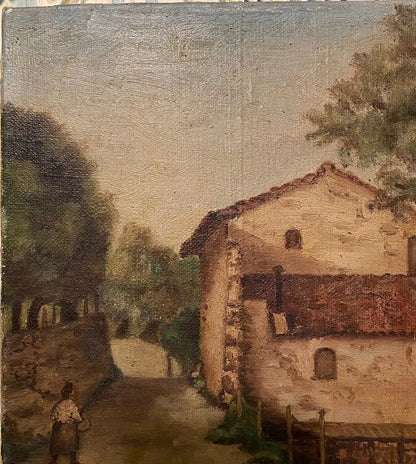 Tableau ancien signé, milieu XXème, huile sur toile, paysage d'une ferme. Antiquités de France